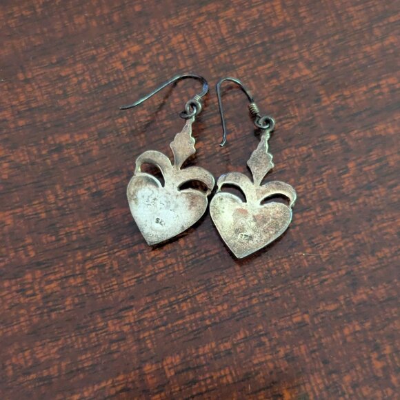 Heart Abalone Dangle Earrings Sterling Silver Boho Victorian Filigree Folk Art - Picture 4 of 6